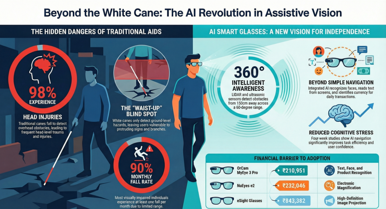 Infographic titled “Beyond the White Cane: The AI Revolution in Assistive Vision” showing how AI smart glasses improve navigation for visually impaired individuals with 360-degree obstacle detection, LiDAR sensors, face and text recognition, reduced cognitive stress, and comparison to traditional white cane limitations such as head injuries and fall risks, including pricing examples of assistive smart glasses in India.