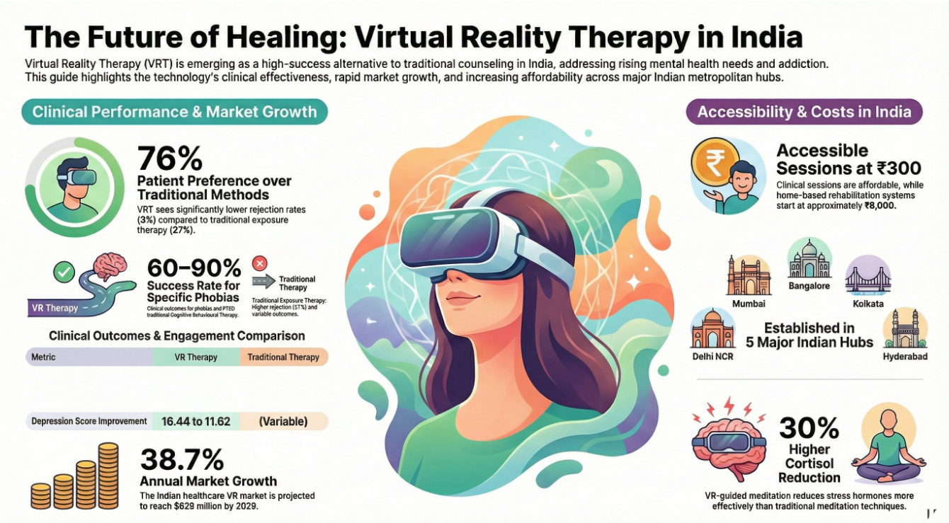 Infographic on virtual reality therapy in India showing VR mental health treatment benefits, including 60–90% success rates for phobias, 76% patient preference over traditional therapy, reduced depression scores, 38.7% healthcare VR market growth, affordable VR therapy sessions starting at ₹300, availability in major Indian cities, and stress reduction through immersive VR-guided meditation using XR healthcare technology.