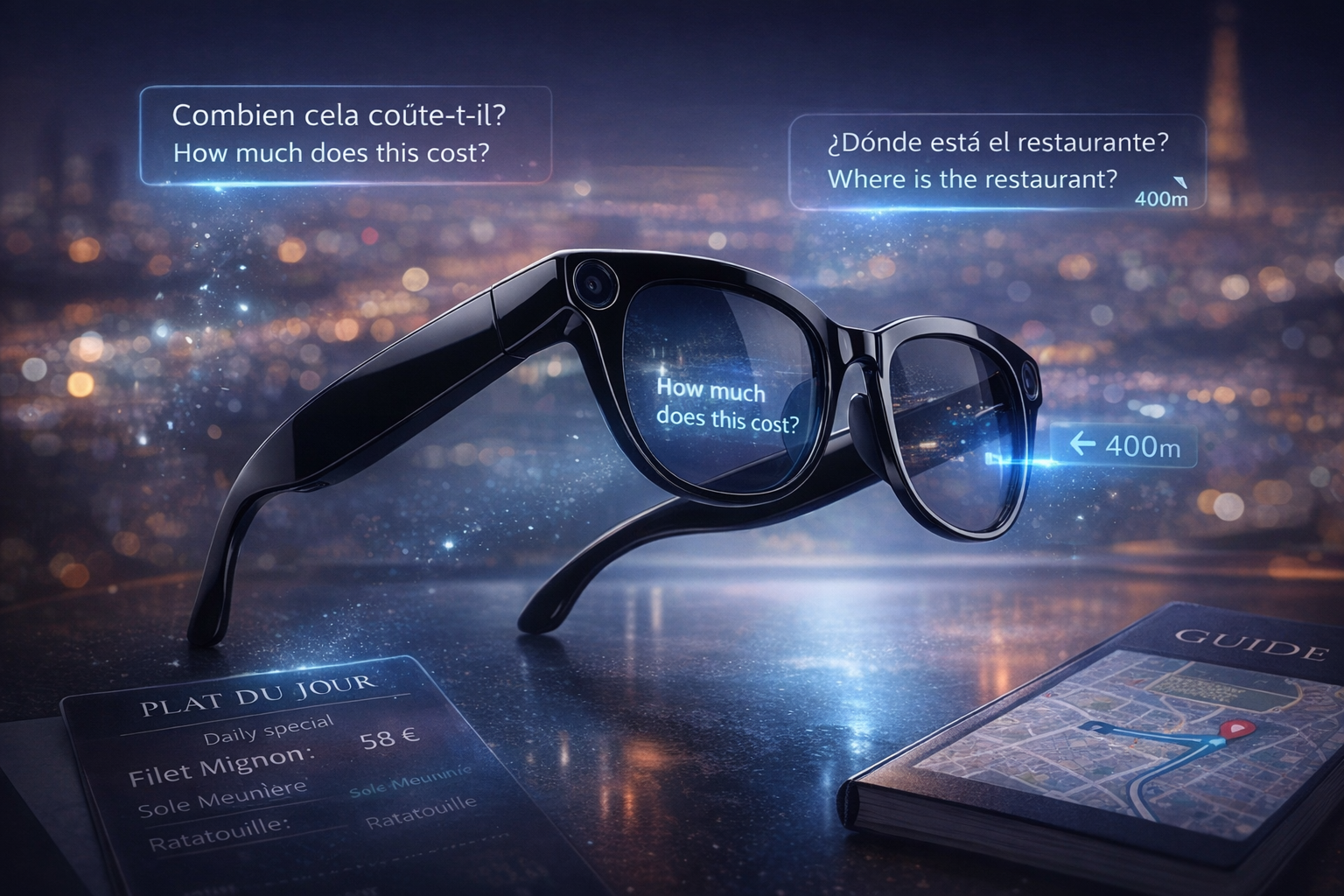Real-time translation smart glasses displaying live language subtitles for travel conversations, menu translation and navigation, showcasing AI translation glasses technology for multilingual communication and international travel.
