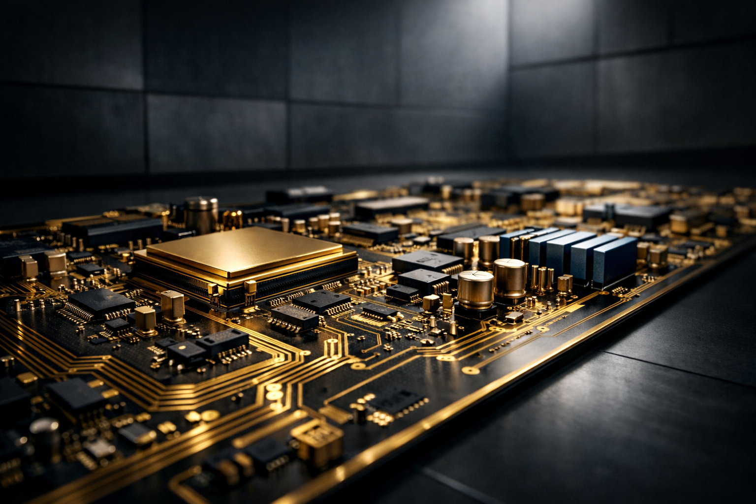 A cinematic landscape view of a precision-engineered golden circuit board (PCB) representing the foundation of Made in India VR hardware and spatial computing. This architectural shot of indigenous deep-tech hardware manufacturing highlights the 'host layer' logic of QWR’s locally engineered VR solutions.