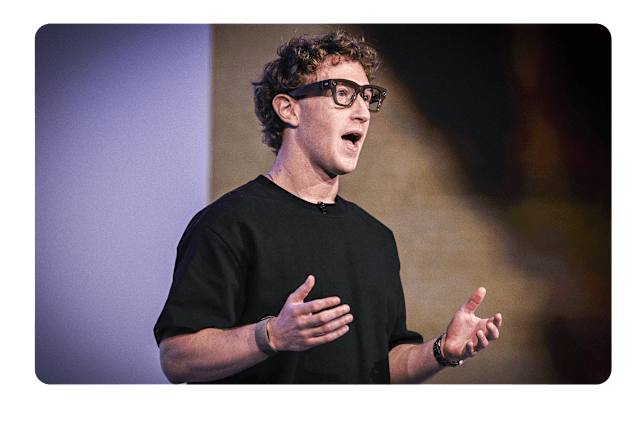 Mark Zuckerberg presenting Meta Orion AR glasses on stage, showcasing the future of AI wearables and smart eyewear technology.