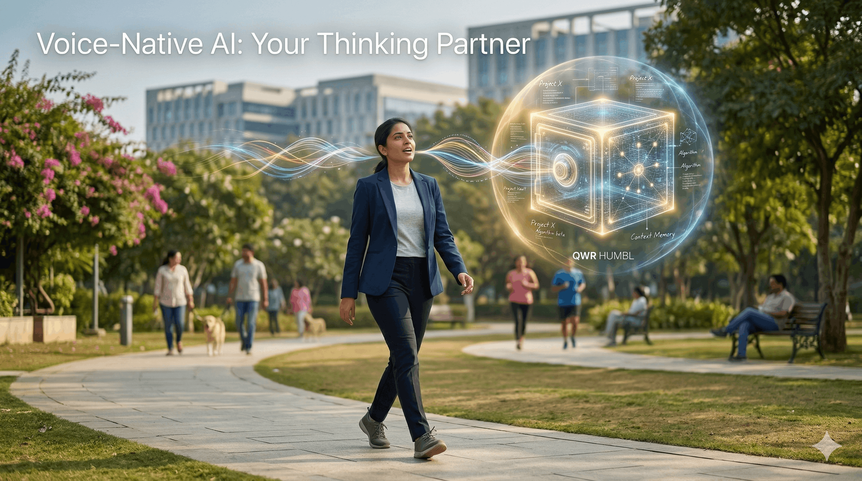 Professional woman walking in a sunlit park using voice-native AI as a personal sounding board; abstract glowing speech-to-thought waves flow representing on-device voice AI privacy and ambient intelligence.