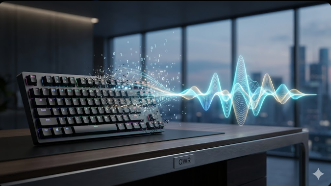 A conceptual 16:9 hero image for QWR showing a mechanical keyboard dissolving into binary code and a fluid, glowing voice AI waveform. The visual represents the 2026 shift from typing to voice-driven co-thinking in a modern, professional office setting.