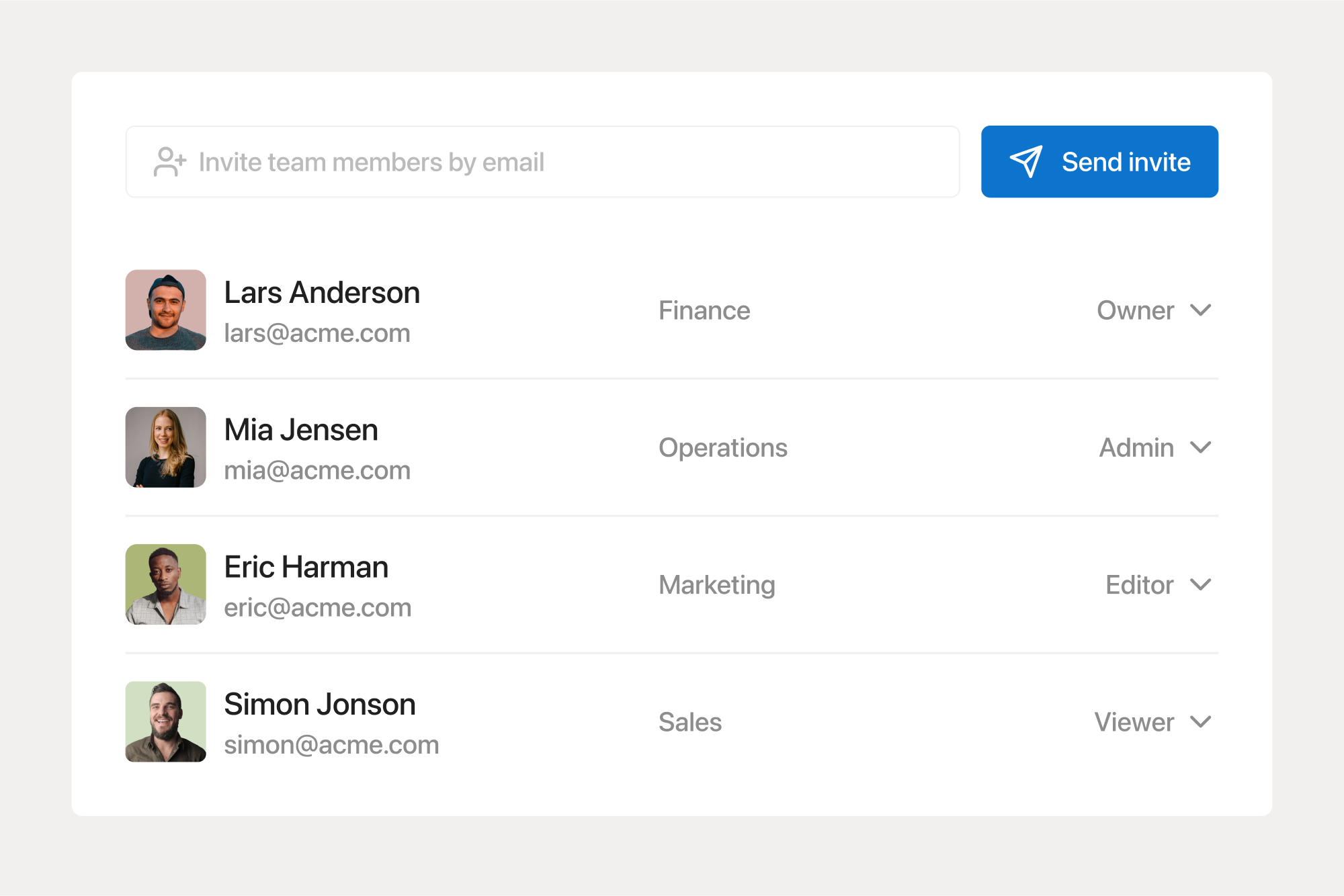 Team invitation interface showing a list of members with their email addresses, roles, and permissions. Members include Lars Anderson in Finance as Owner, Mia Jensen in Operations as Admin, Eric Harman in Marketing as Editor, and Simon Jonson in Sales as Viewer.