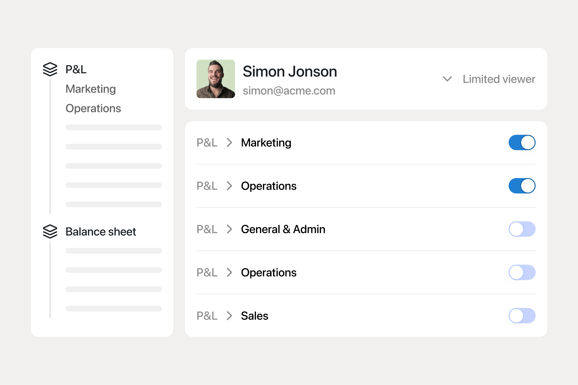 User interface displaying regulated access for Simon Jonson with limited viewer permissions to various financial sections such as P&L and Balance Sheet. Toggle switches control access to Marketing, Operations, General & Admin, and Sales categories, emphasizing user roles and controlled data access in financial reporting software.