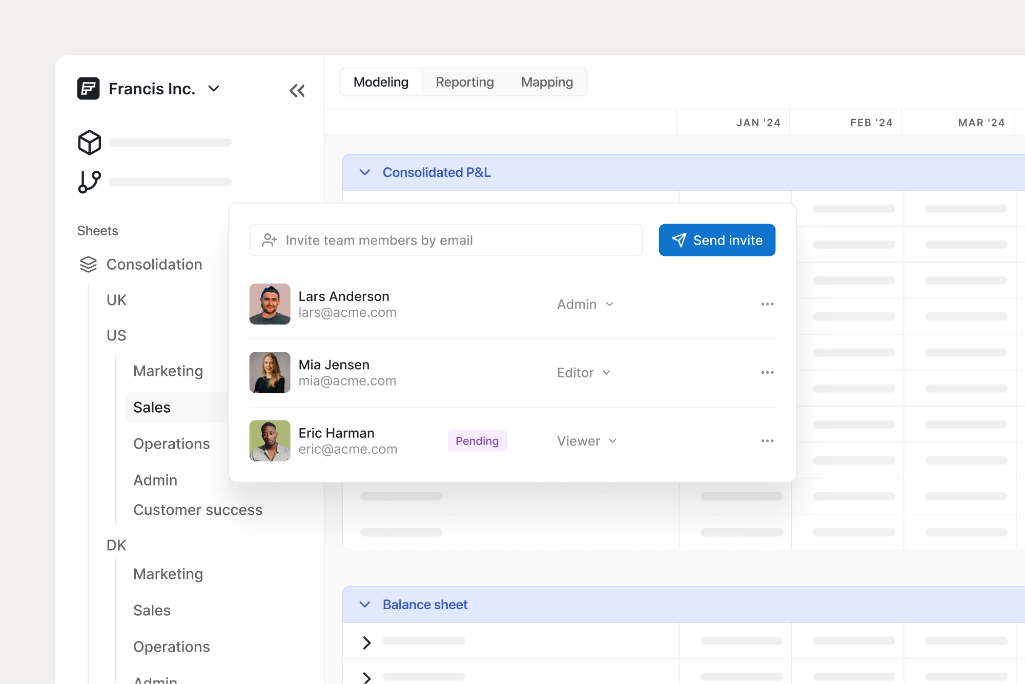 Team collaboration dashboard for Francis Inc., displaying user roles for Lars Anderson (Admin), Mia Jensen (Editor), and Eric Harman (Viewer, pending invitation), with options to invite new members. Consolidated P&L and Balance Sheet tabs are shown for various departments like Sales and Marketing.