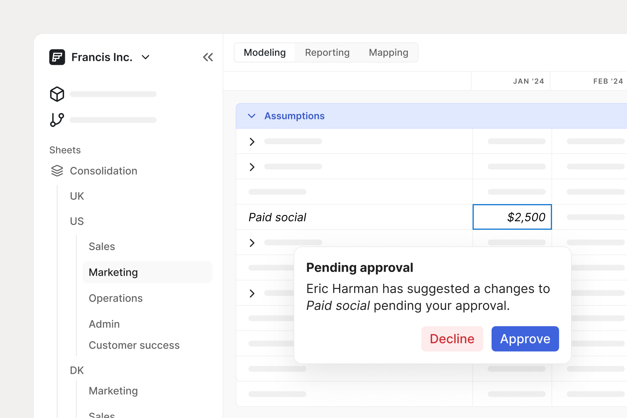 Financial modeling dashboard showing a pending approval for a budget change in Paid Social from Eric Harman. Users can approve or decline changes for specific financial assumptions, with options displayed in the model.