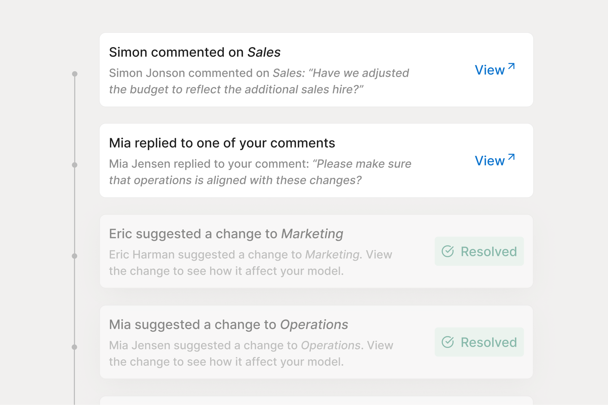 Collaboration interface for reviewing comments and suggestions. Users like Simon Jonson and Mia Jensen have provided feedback on Sales and Operations, with resolved suggestions displayed for Marketing and Operations.