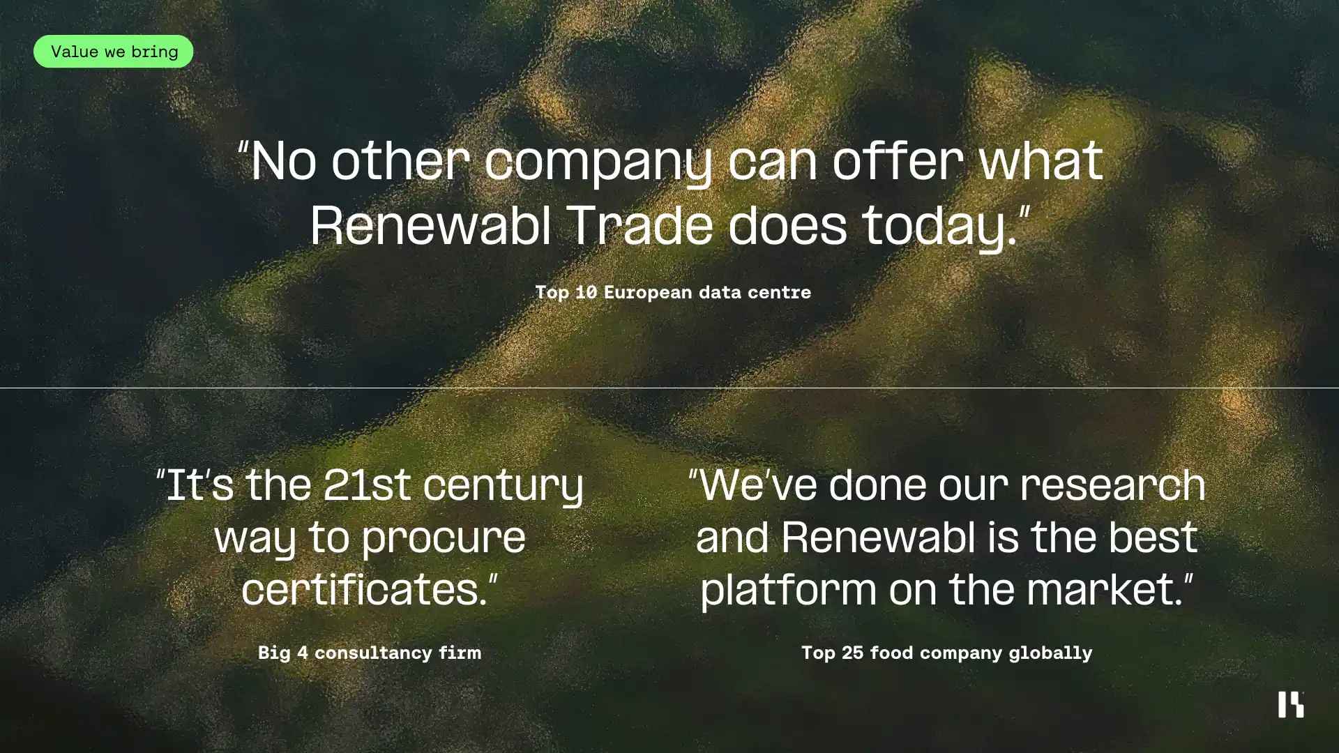 Testimonials from Renewabl's clients about renewable energy data management and trading