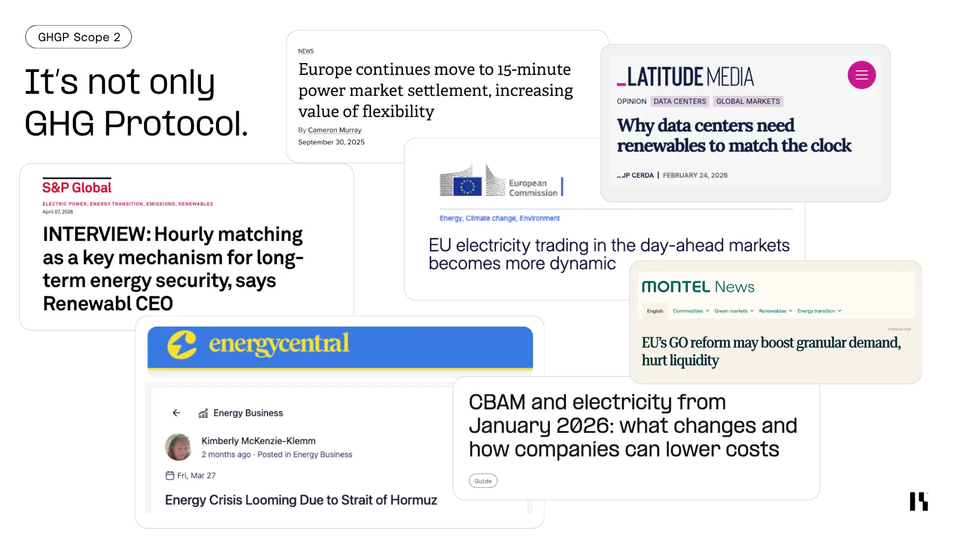 Headlines showing the GHG Protocol Scope 2 revision is one of several 2025–2026 market shifts moving corporate electricity towards granular accounting: EU 15-minute power market settlement, EU GO reform, CBAM electricity coverage, and hourly matching as long-term energy security infrastructure