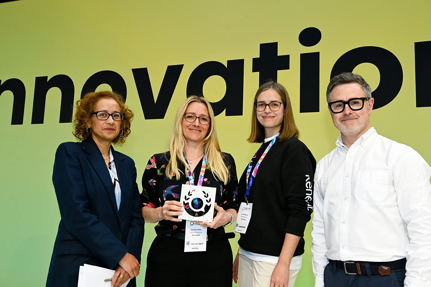 Carolyn Addy and Luma Manina receiving Innovation Zero award for best mature solution in Monitoring, Tracking, and Verification
