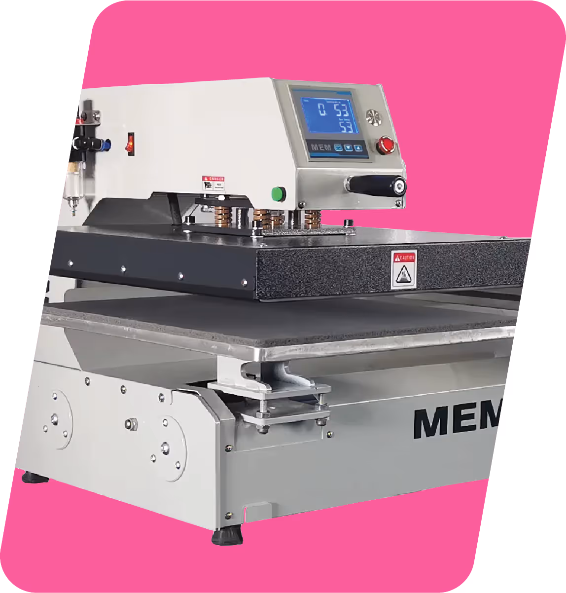Heat press machine applying graphics onto fabric using heat and pressure
