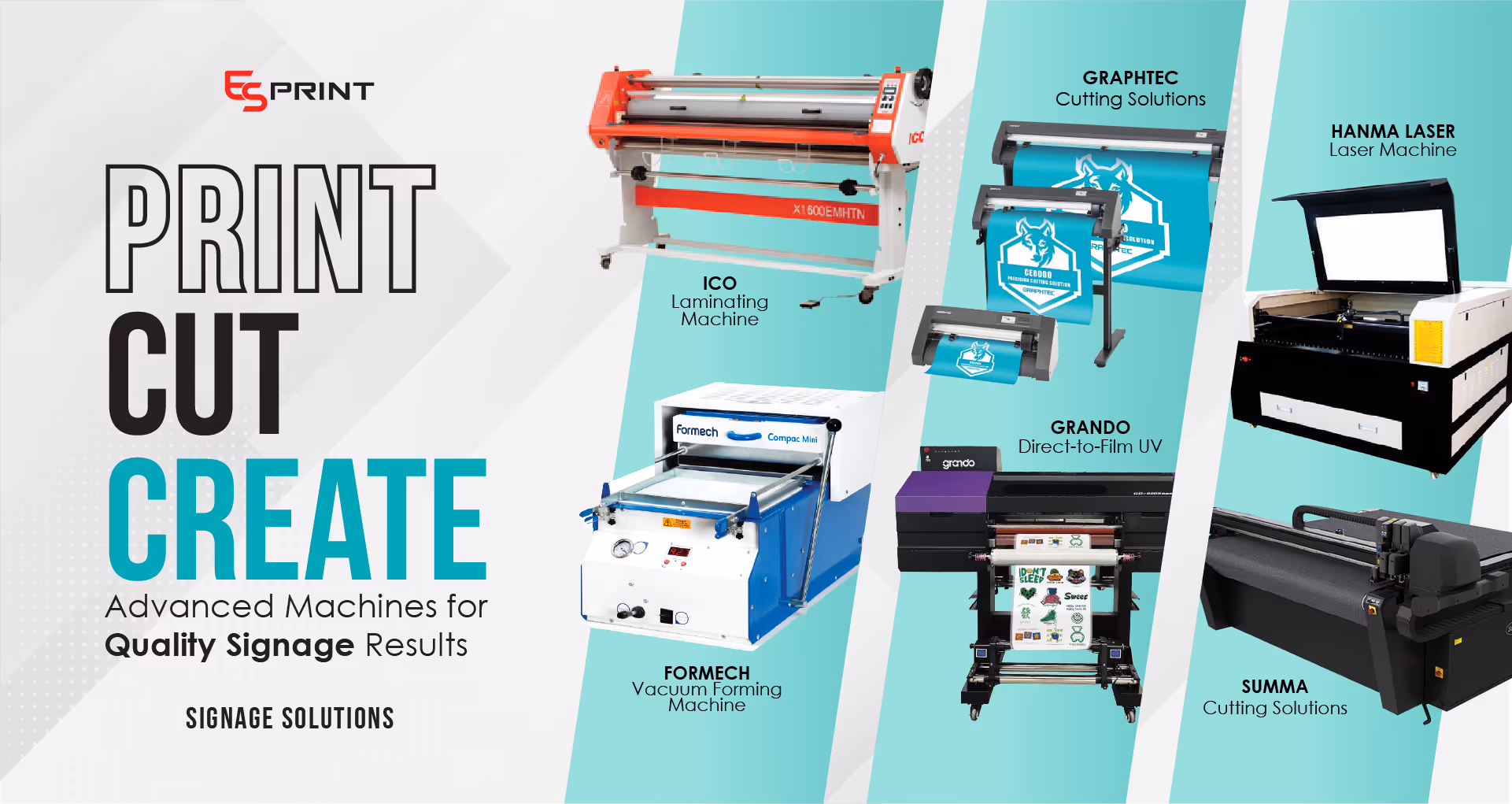 Slide showing signage printing equipment and materials for indoor and outdoor displays