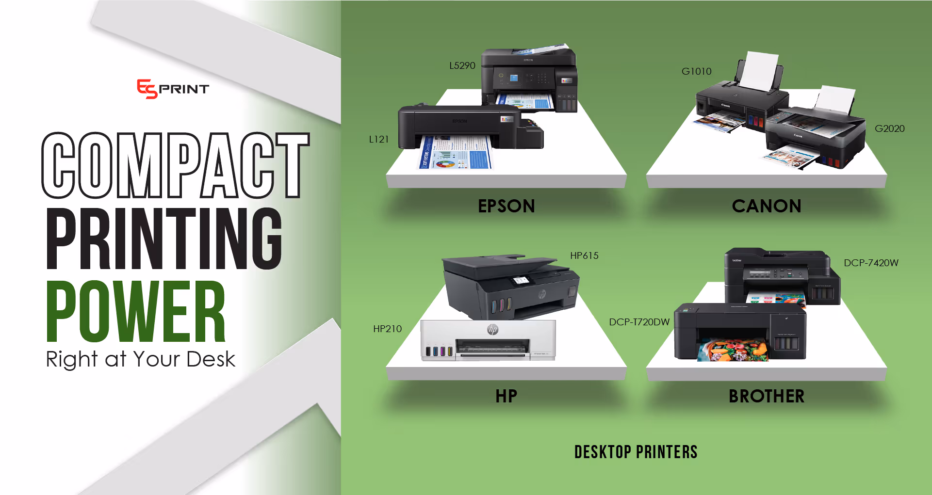 Slide highlighting compact desktop printers for efficient everyday printing tasks