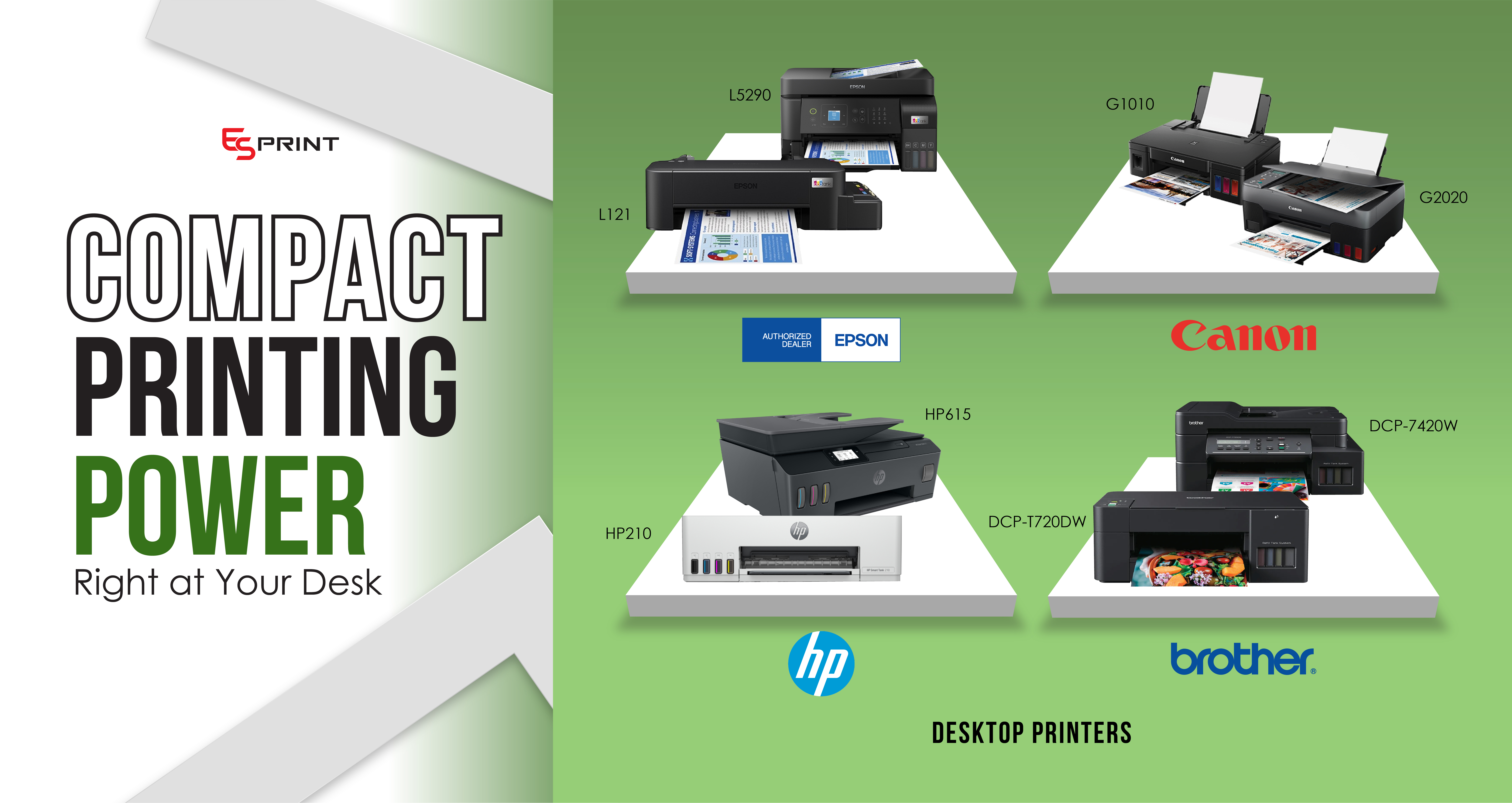 Slide highlighting compact desktop printers for efficient everyday printing tasks