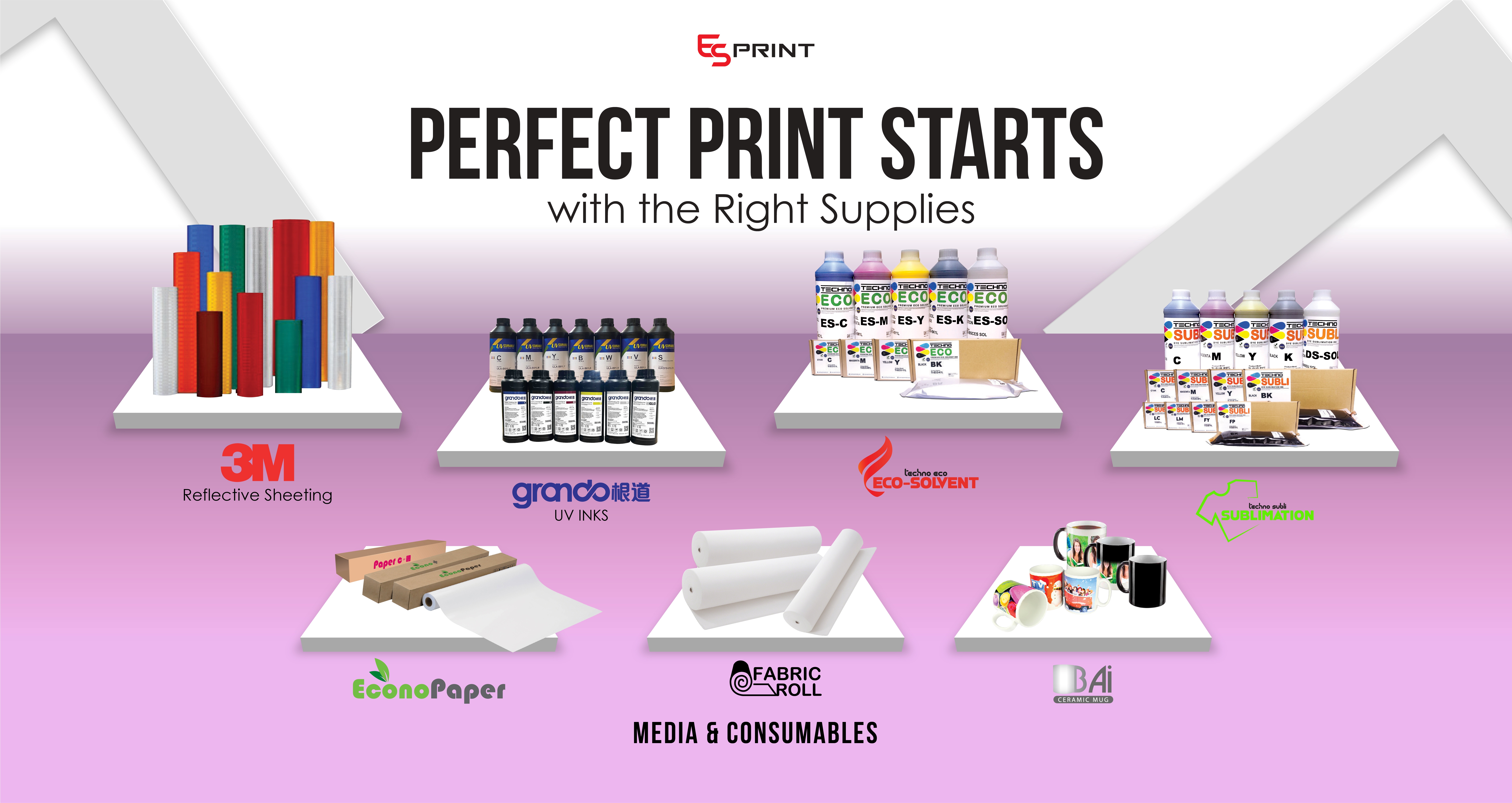 Slide featuring printing media, inks, and consumables for consistent production quality