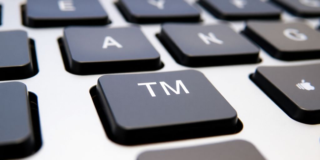 Mac keyboard with TM symbol key highlighted.