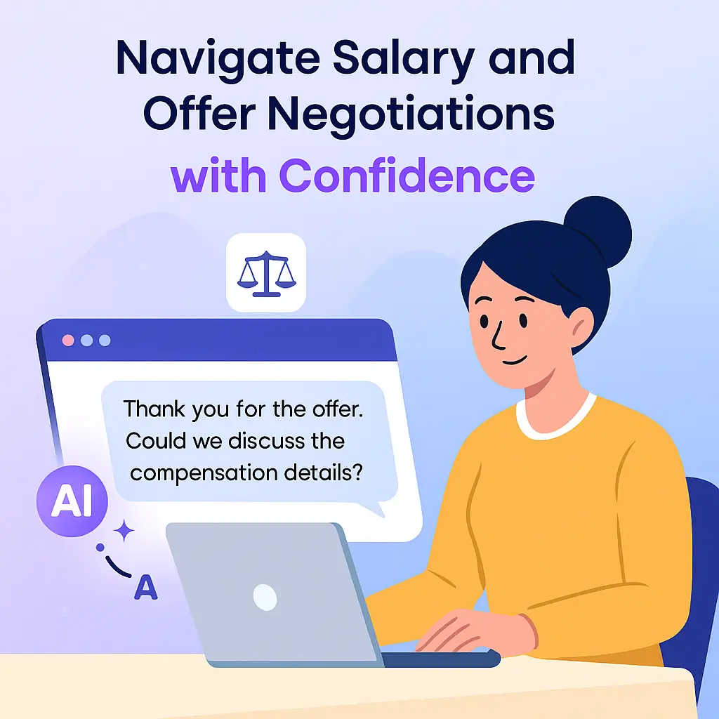 Seekario's AI tool drafting a confident email for a job offer negotiation on a user's screen.