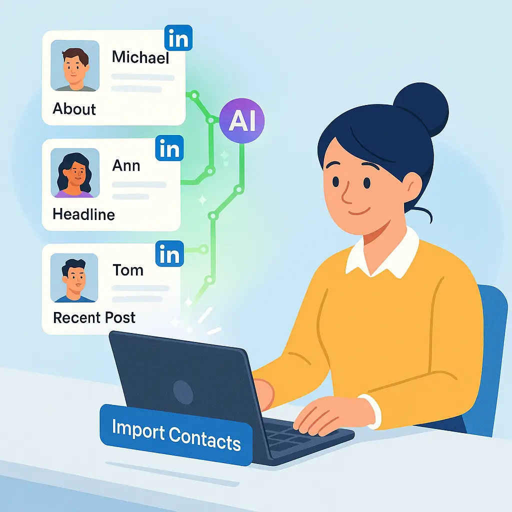 Illustration showing LinkedIn contact profiles being imported into Seekario to create hyper-personalized outreach messages.