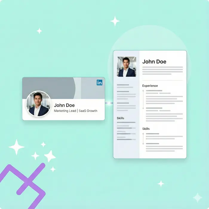 Visual demonstrating a Seekario AI headshot formatted perfectly for both a LinkedIn profile header and a professional resume document.
