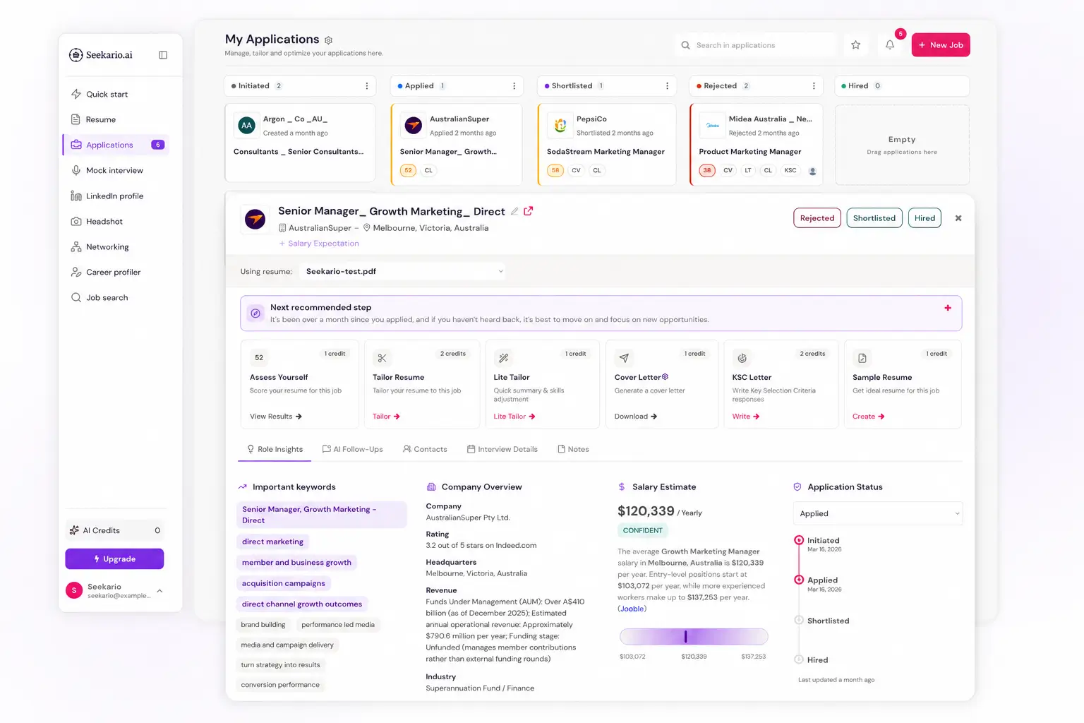 Seekario dashboard