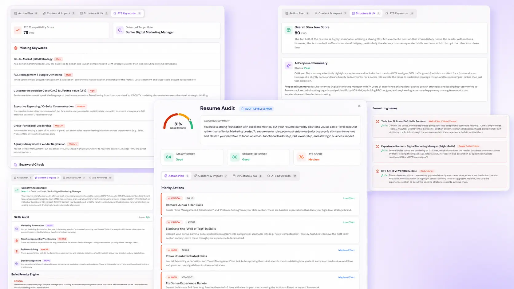 AI resume checker dashboard showing resume scores, priority fixes, missing keywords, and rewrite suggestions to help job seekers improve their resume and increase interview chances.