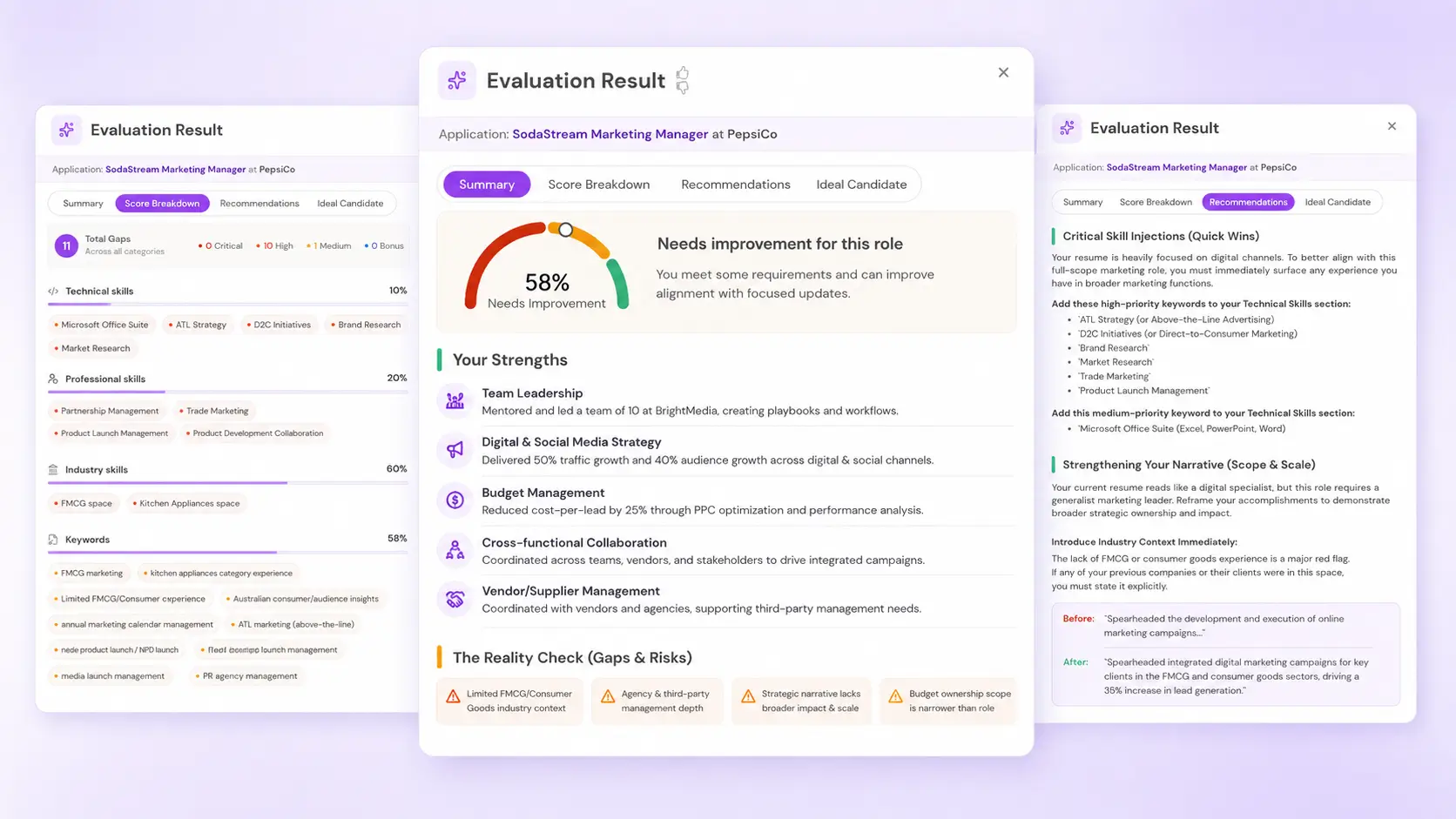 AI job match evaluation dashboard showing strengths, skill gaps, and personalized recommendations to help job seekers improve resume alignment and increase their chances of landing the role.