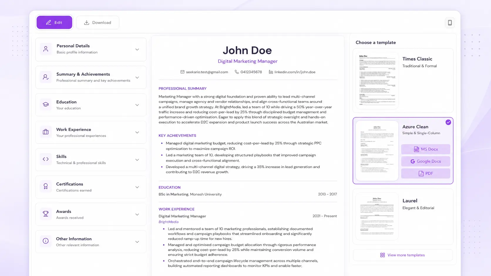 AI resume tailor interface showing editable resume sections, live preview, and template options to help job seekers quickly create a polished, professional resume tailored for applications.