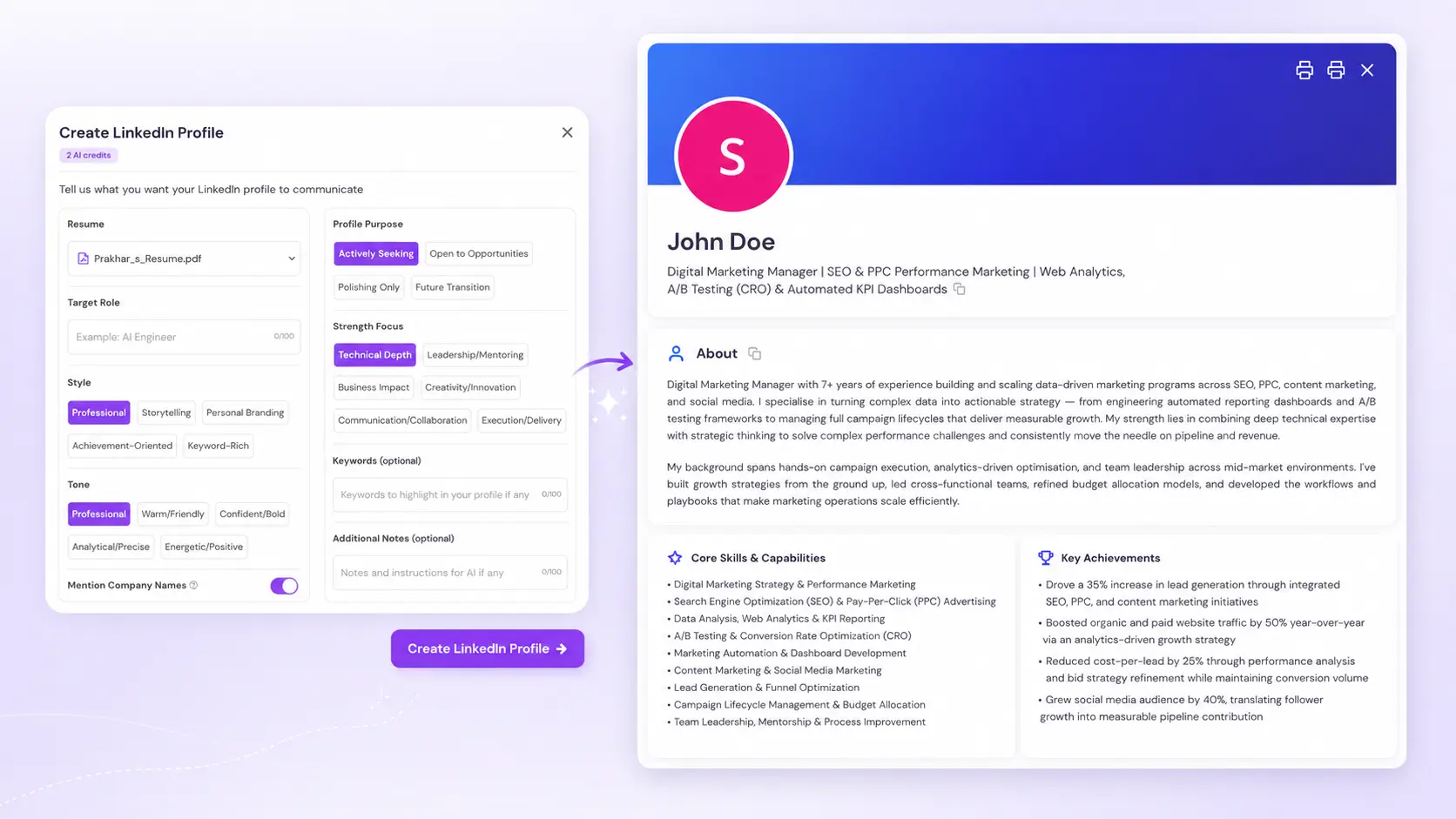AI LinkedIn profile builder showing profile goals, tone options, and generated profile content to help job seekers create a stronger, more professional LinkedIn presence.