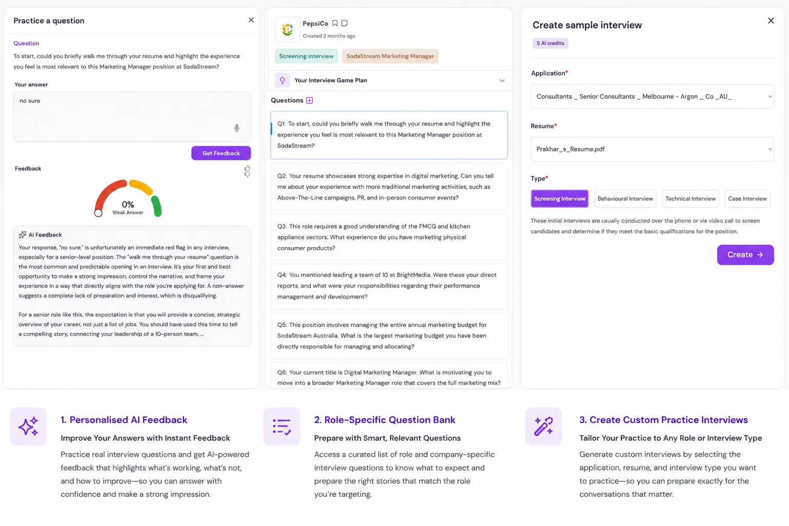 AI interview practice tool showing role-specific questions, custom interview setup, and instant feedback to help job seekers prepare stronger answers and interview with confidence.