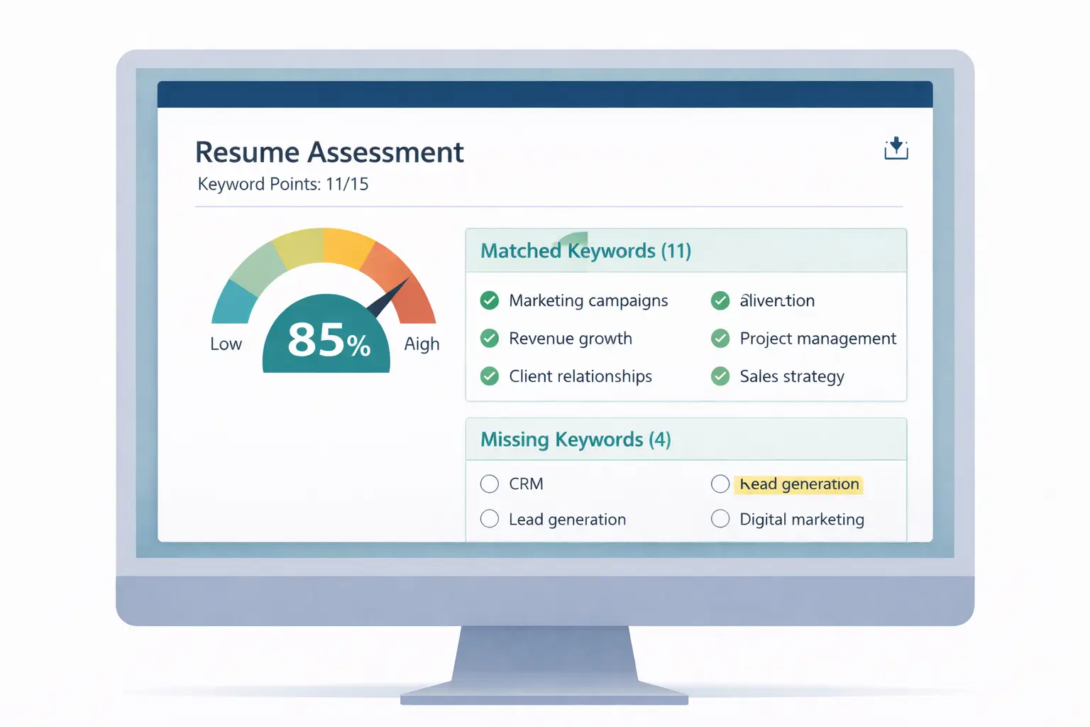 ATS resume scoring dashboard showing keyword match percentage