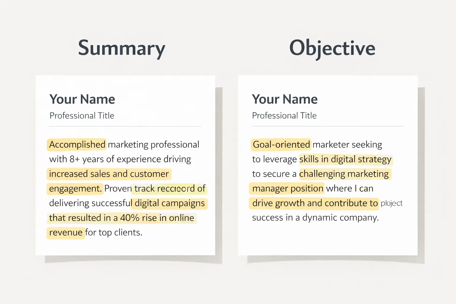 Side-by-side comparison of resume summary and objective examples