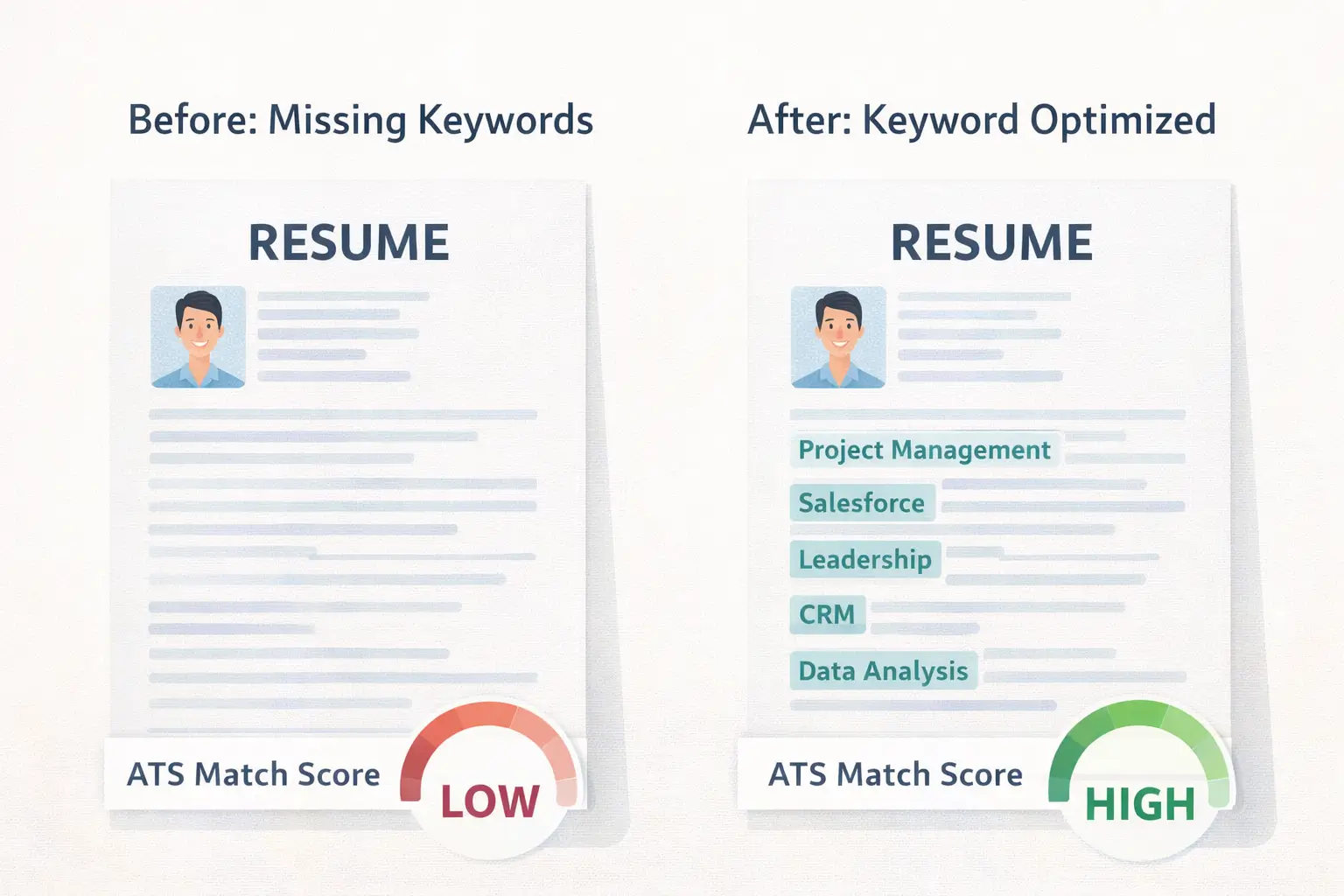 Comparison showing a keyword-optimized resume vs an unoptimized one with ATS scores