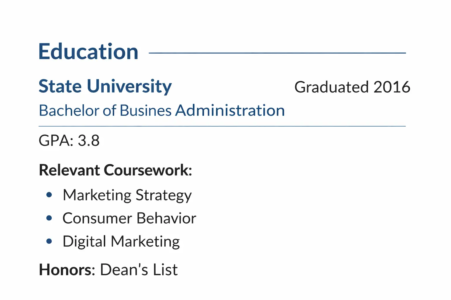 Education section example on a resume for entry-level candidates