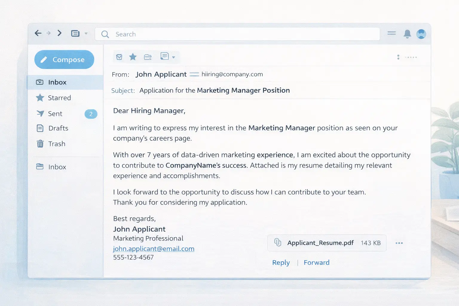 Example job application email template on a screen