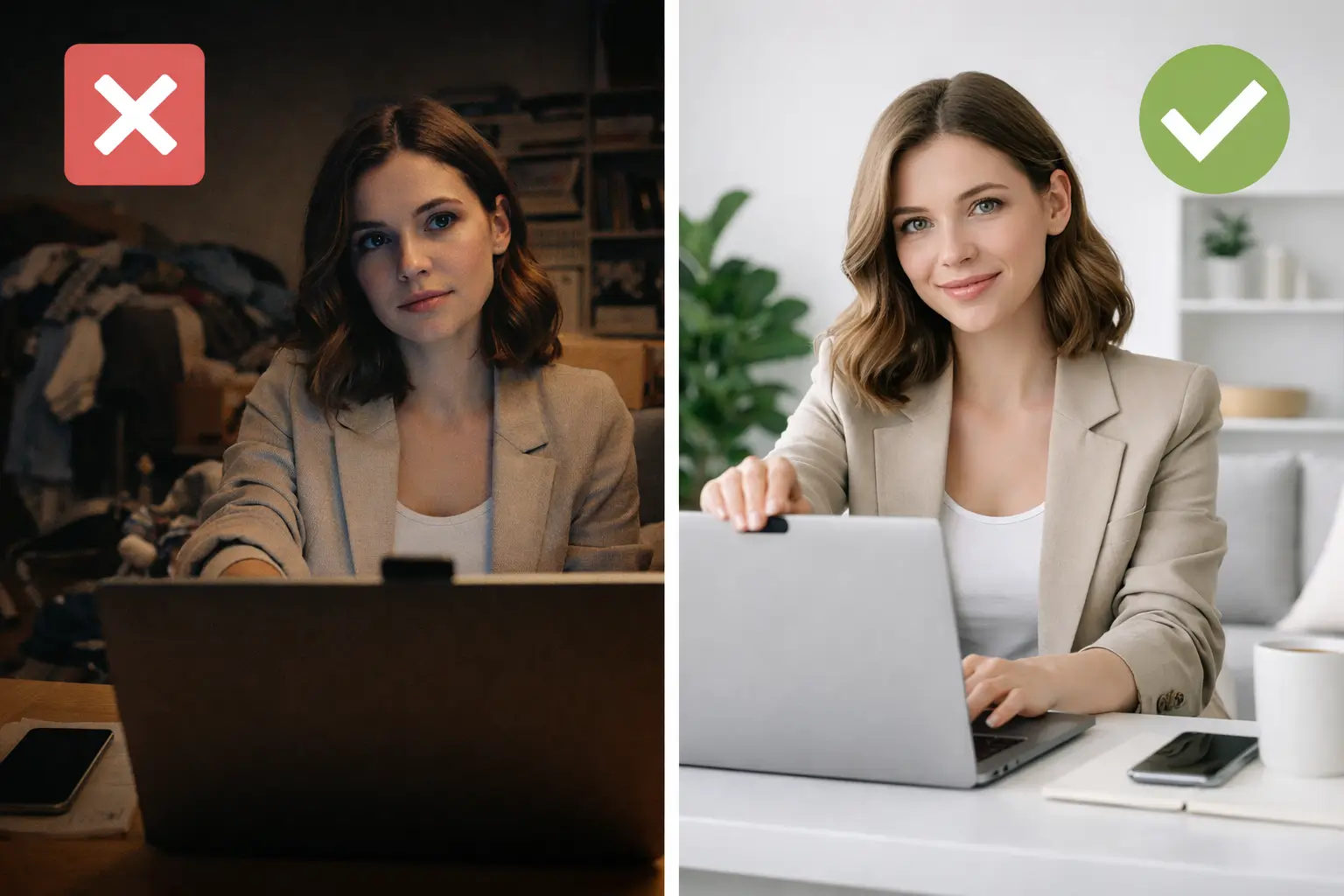 A split-screen comparison showing a poorly lit, cluttered video interview setup versus a clean, well-lit professional setup