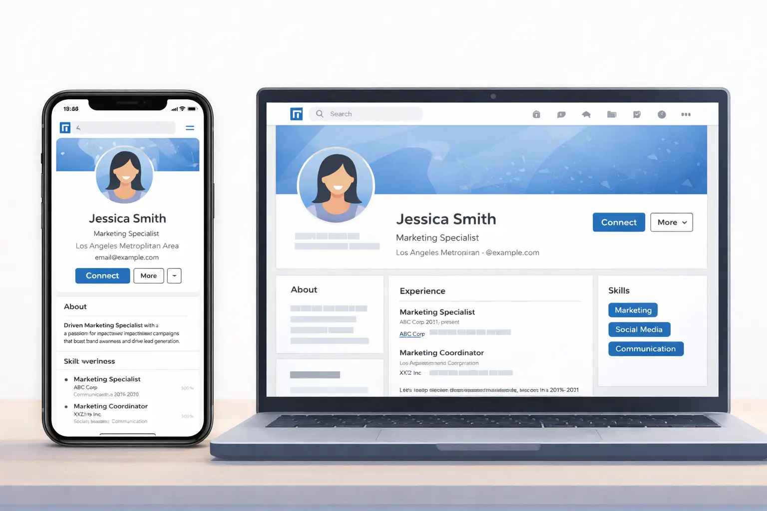 A polished LinkedIn profile displayed on a phone and laptop