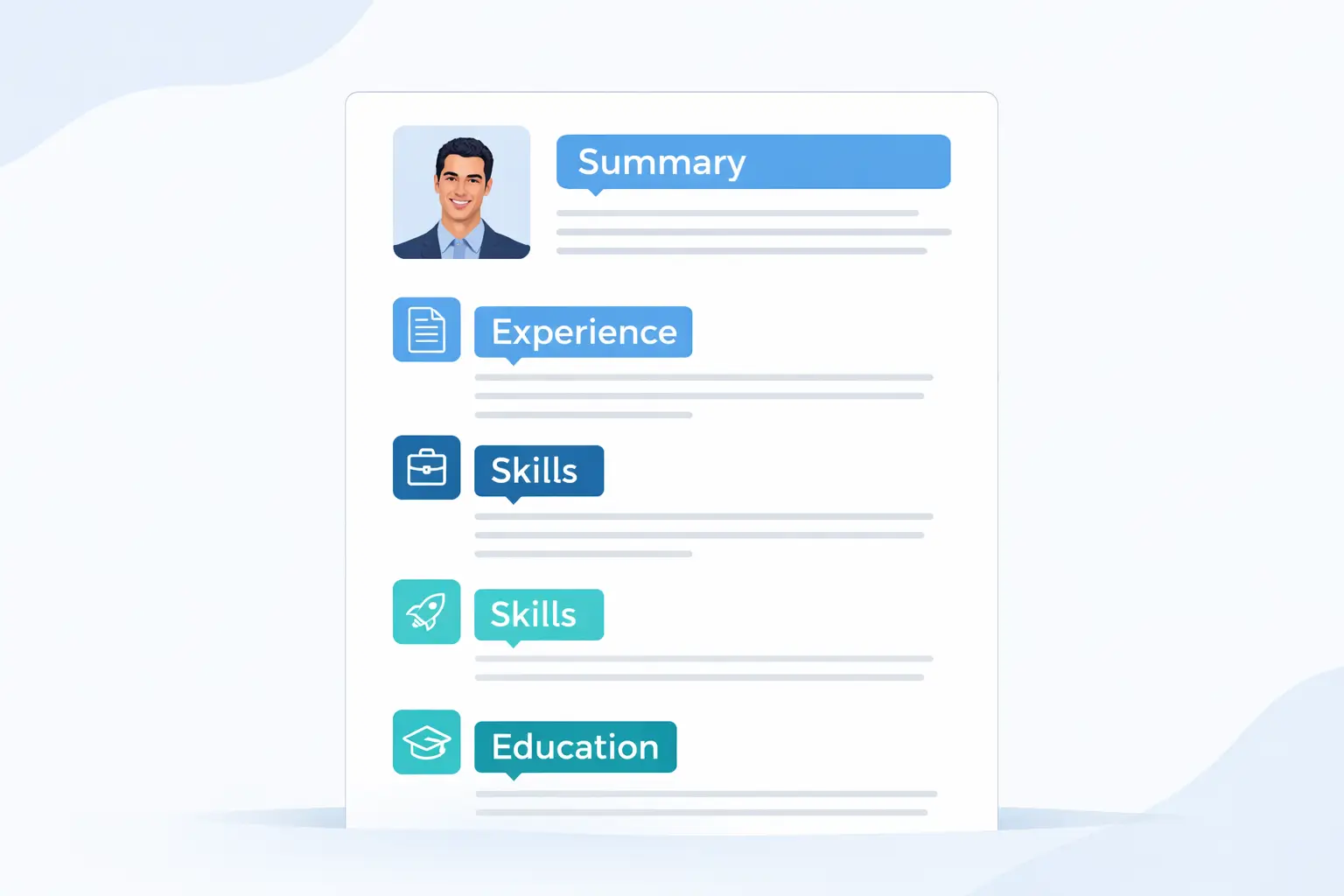 An infographic showing the four key sections of a resume where keywords should be placed