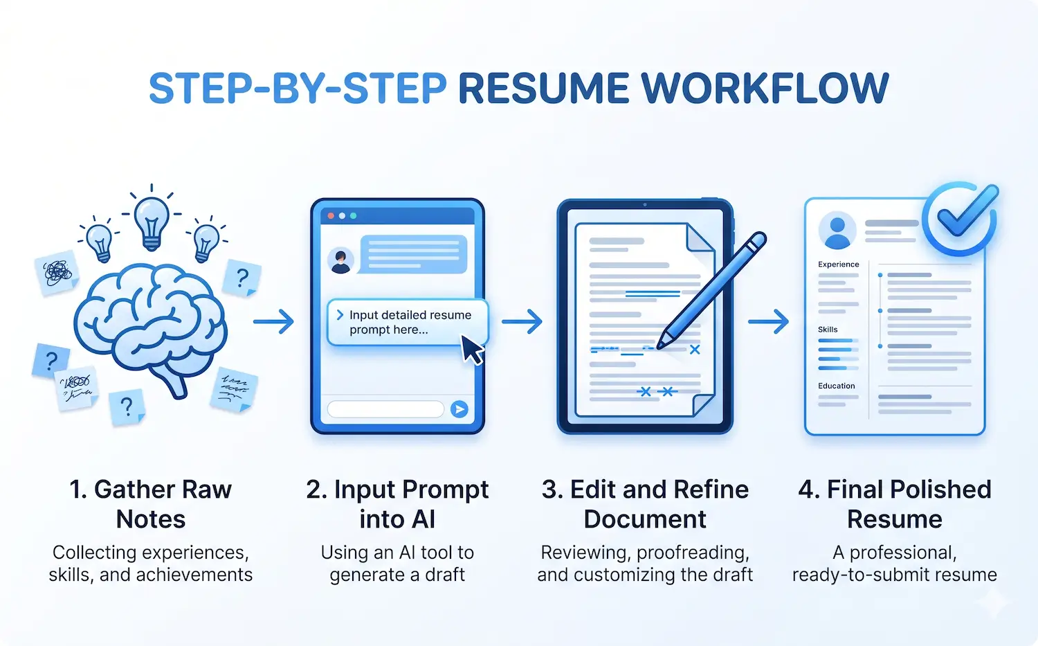 Step-by-step process of refining a resume using AI prompts