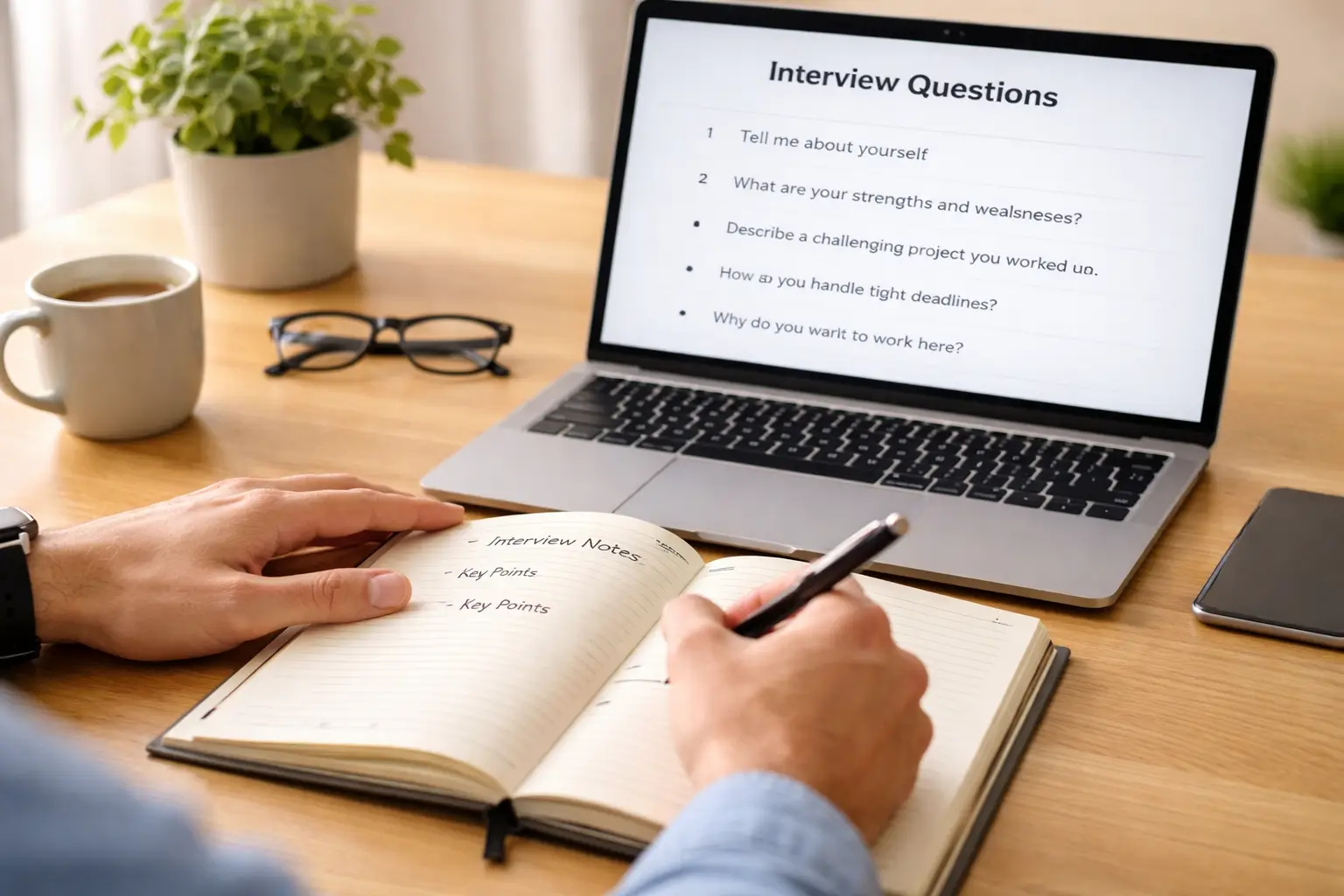 A professional taking notes during an interview preparation session, with a list of questions visible