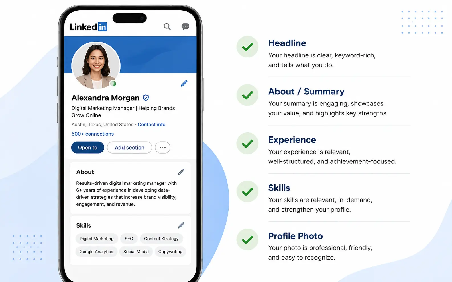 LinkedIn profile optimization checklist displayed on a phone screen