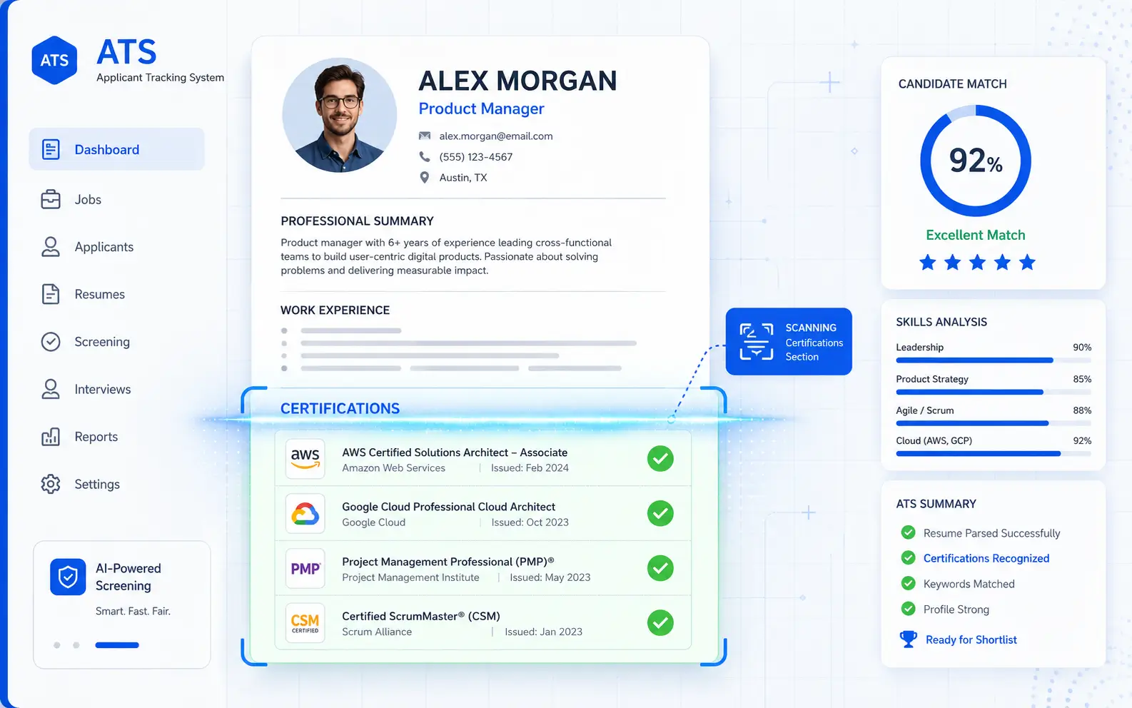 Screenshot-style illustration of ATS scanning a certifications section