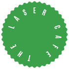 Green circular stamp with white text 'THE LASER CAFE' arranged around the edge.