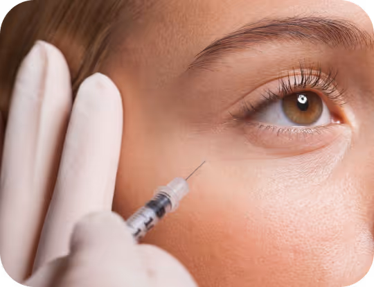 Close-up of a brown-eyed person receiving an injection near the temple from a gloved hand.