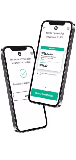 Two smartphones displaying a payment plan selection screen and a transaction confirmation message with a checkmark.