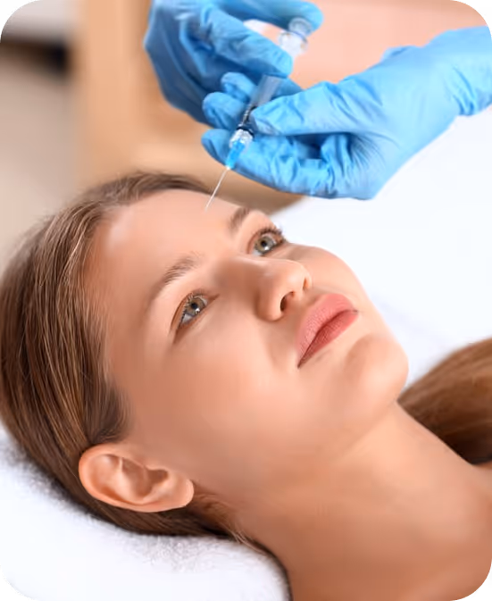 Close-up of a woman receiving a cosmetic injection in her forehead from a gloved hand.