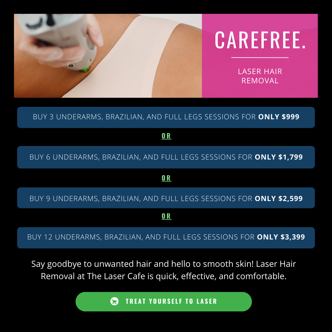 Laser hair removal device being used on skin near bikini line with promotional text offering multi-session packages for underarms, Brazilian, and full legs at various prices.