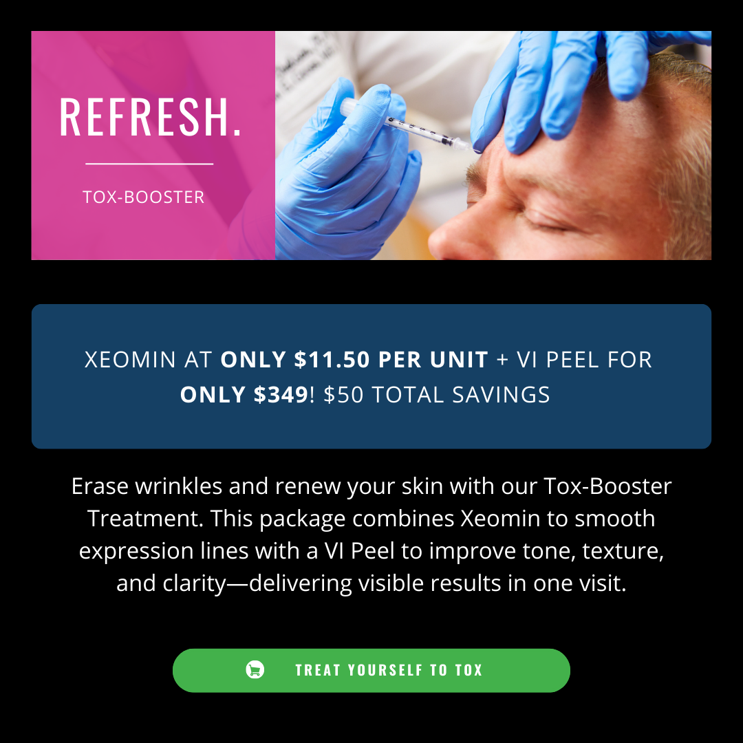 Close-up of a healthcare professional wearing blue gloves administering a Botox injection to a man's forehead, accompanied by promotional text for a Tox-Booster treatment package.