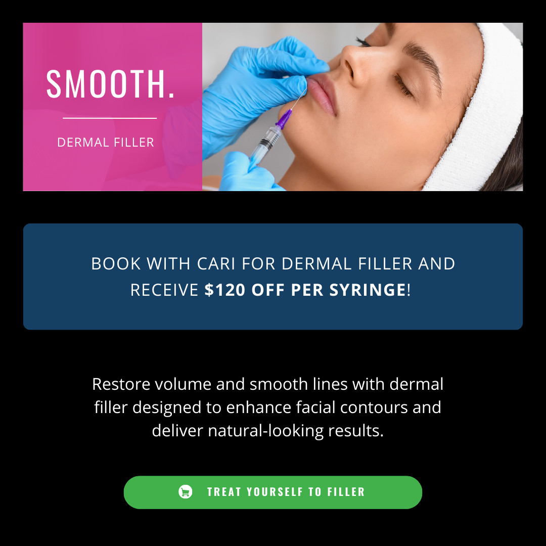 Close-up of a woman receiving dermal filler injection in her lips from a gloved hand, alongside text offering $120 off per syringe with Cari.