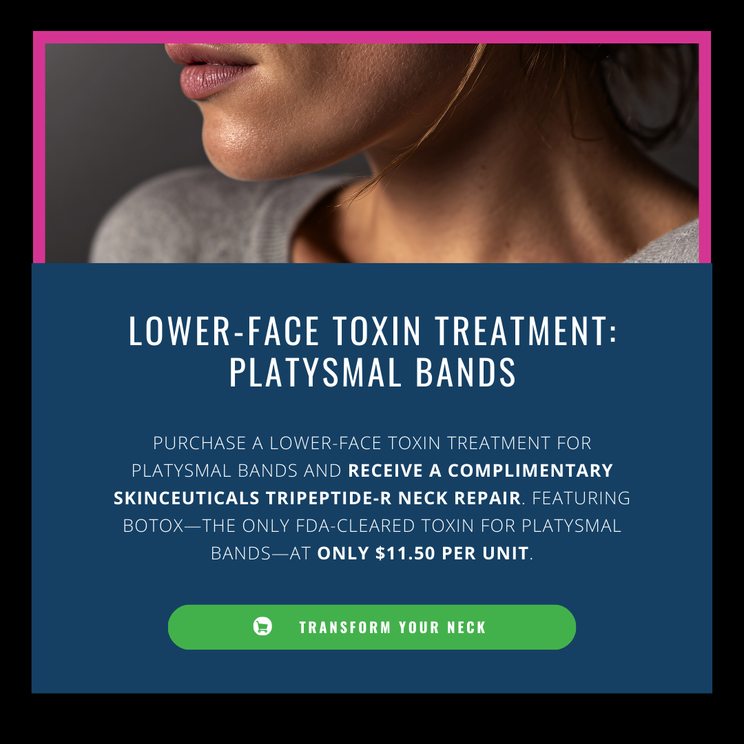 Close-up of a woman's lower face and neck above text about lower-face toxin treatment for platysmal bands with a special offer and green button.